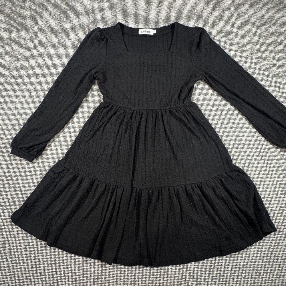 ABIUBIU Black Cable Knit Babydoll Mini Dress Square Neck Long Sleeve Small